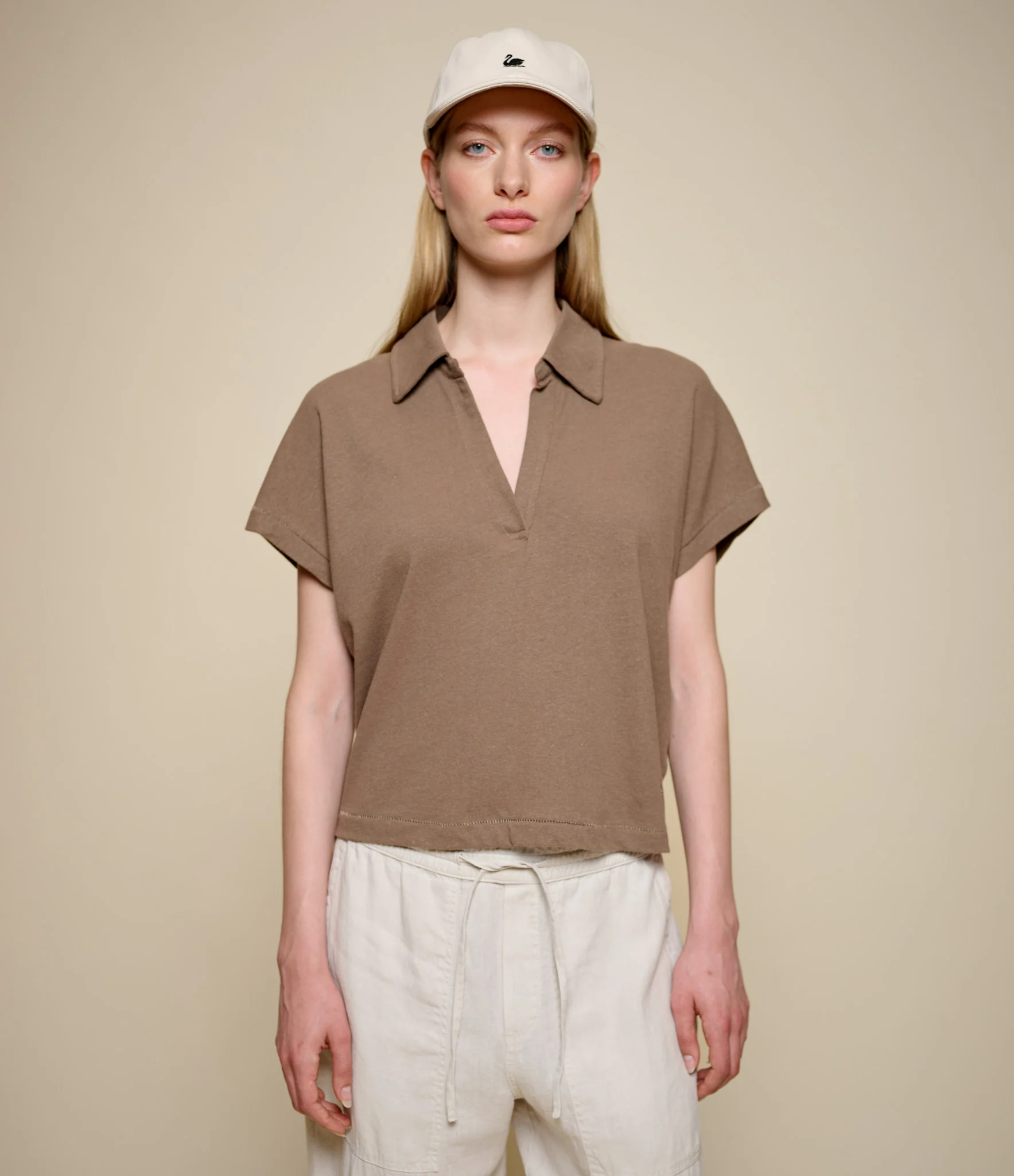 Linen-Cotton Relxed Fit Women's Short Sleeve Polo Shirt